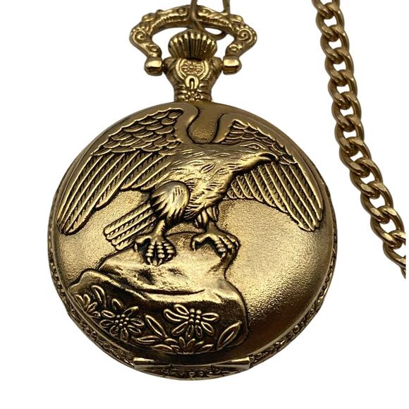 Mens Pocket Watch Quartz Watch-It Brand - Eagle Theme w/ 12" Chain New Battery - Picture 1 of 5